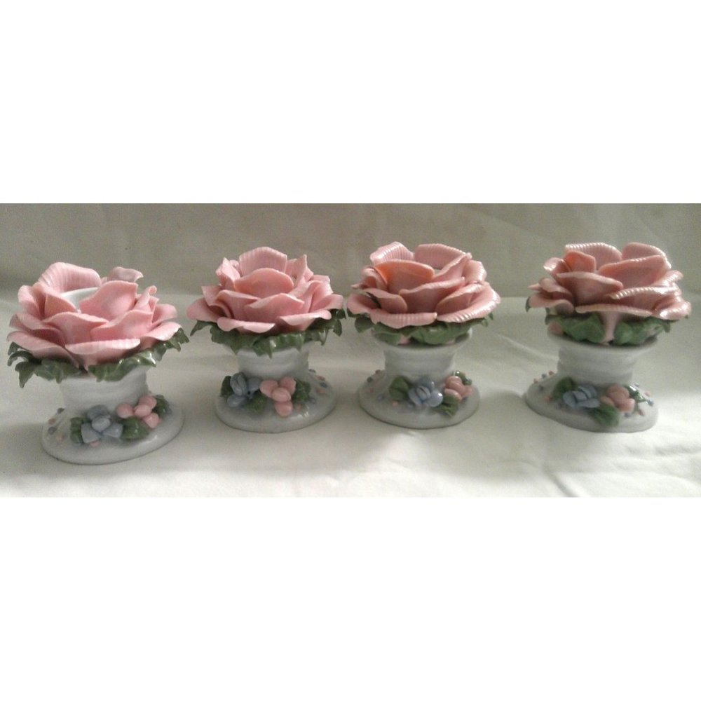 Vintage Porcelain Pink Blue Roses Pedestal Candle Holders, Vintage * M002 mm